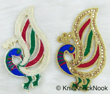 Cutwork Peacock Applique, Embroidered Peacock Applique with Stone Embellishments Red, Blue